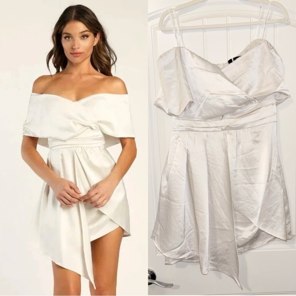NWOT Lulus Always Celebrating Ivory Satin Off-the-Shoulder Mini‎ Dress
